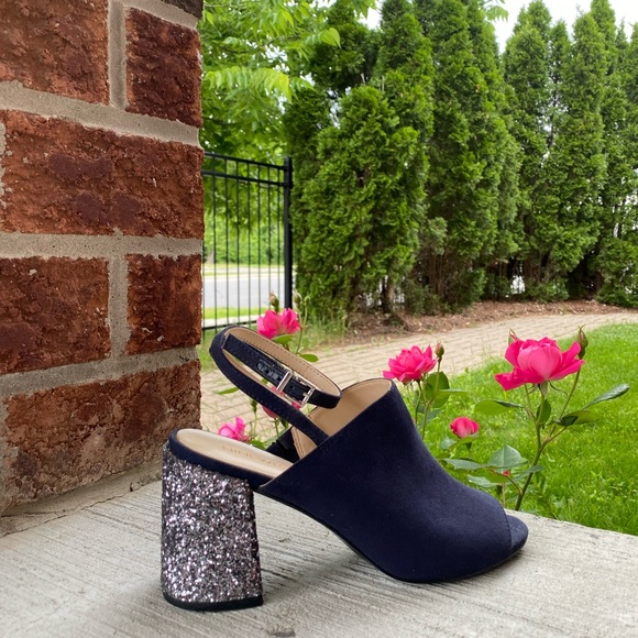 Nine West navy ankle strap chunky glitter heals Women’s size 6.5M - Picture 2 of 6